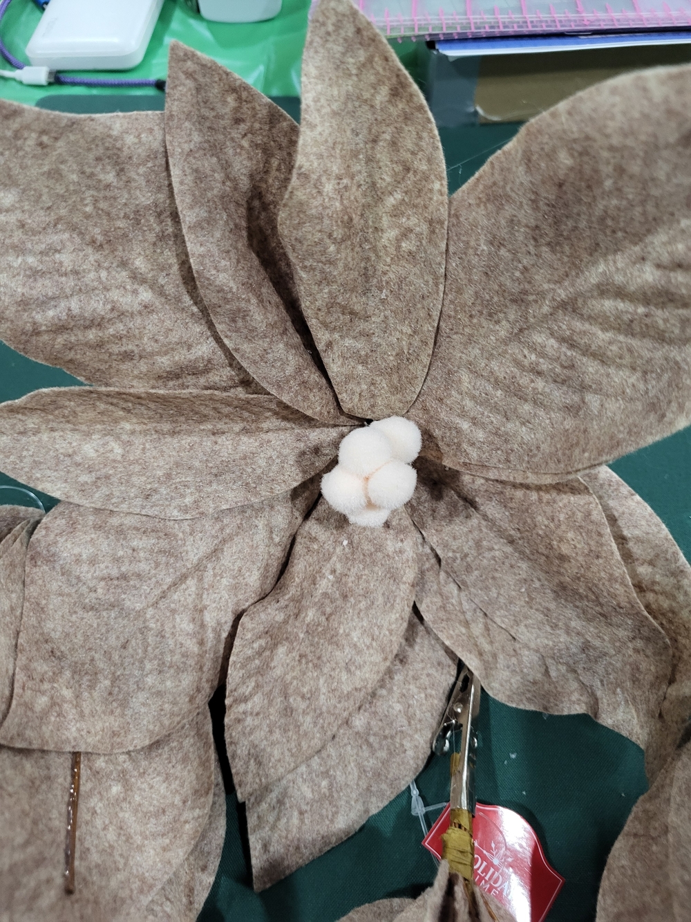 4 Holiday Time Brown Felt Poinsettias and Leaf Holiday Picks